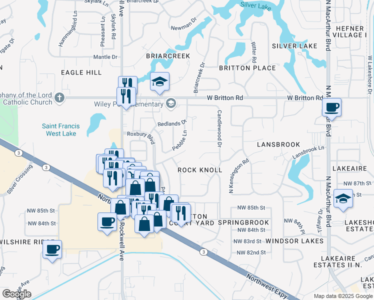 map of restaurants, bars, coffee shops, grocery stores, and more near 6700 Crestmont Drive in Oklahoma City