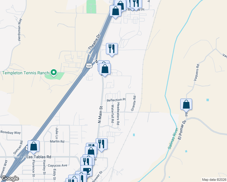 map of restaurants, bars, coffee shops, grocery stores, and more near 154 Sweetwater Lane in Templeton