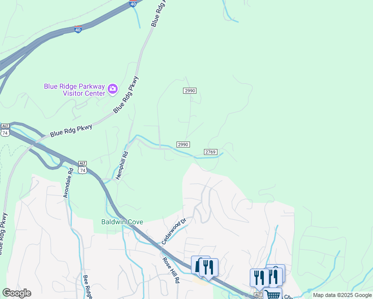 map of restaurants, bars, coffee shops, grocery stores, and more near 25 Little Knob Road in Asheville