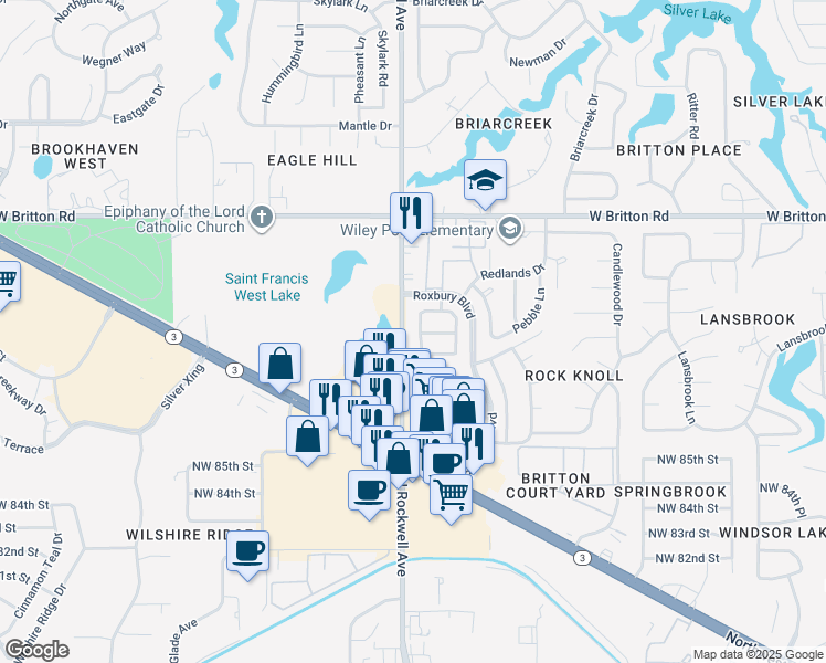 map of restaurants, bars, coffee shops, grocery stores, and more near 9017 North Rockwell Drive in Oklahoma City