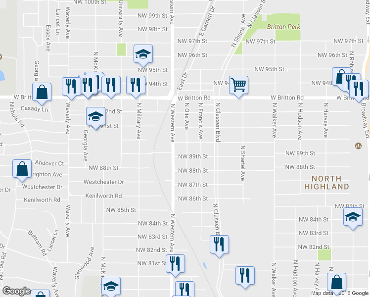 map of restaurants, bars, coffee shops, grocery stores, and more near 9013 North Olie Avenue in Oklahoma City
