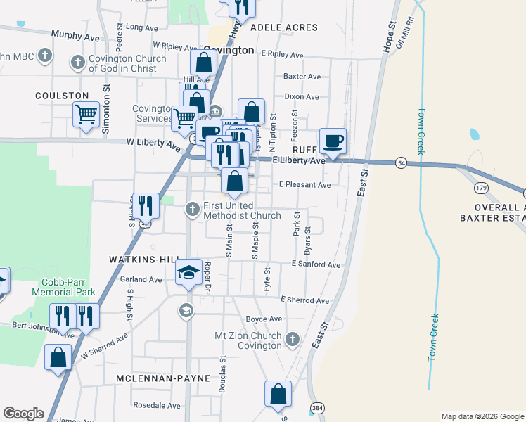 map of restaurants, bars, coffee shops, grocery stores, and more near 400 South Maple Street in Covington