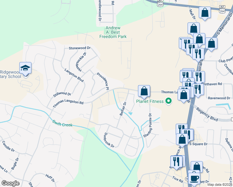 map of restaurants, bars, coffee shops, grocery stores, and more near 1169-1193 Thomas Langston Road in Winterville