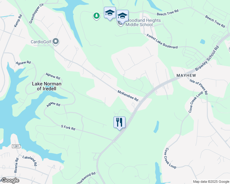 map of restaurants, bars, coffee shops, grocery stores, and more near 157 McKendree Road in Mooresville
