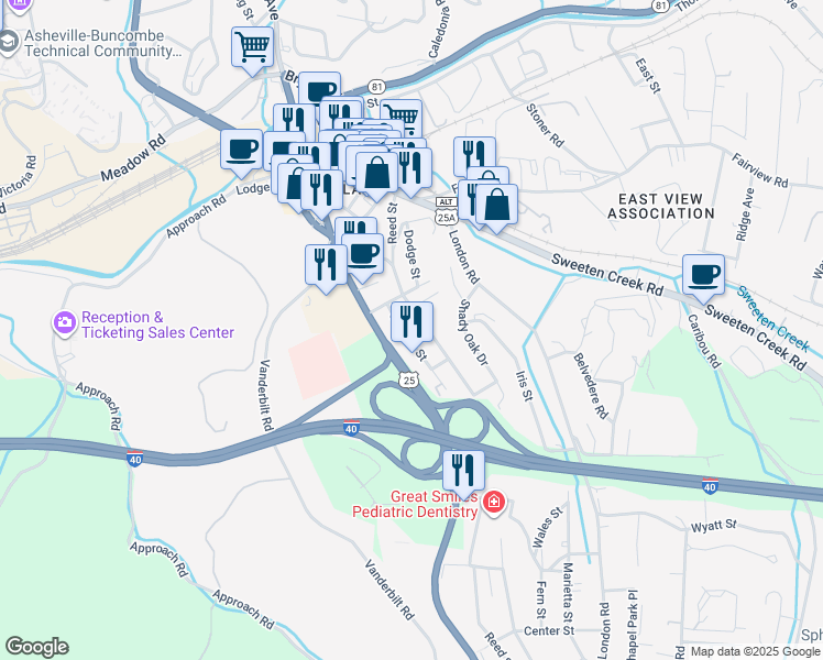 map of restaurants, bars, coffee shops, grocery stores, and more near 206 Hendersonville Road in Asheville