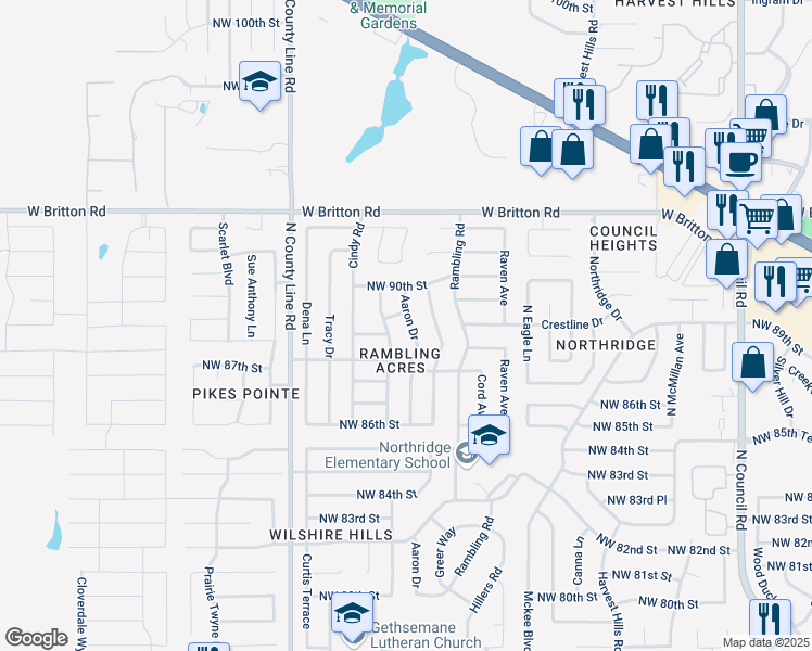 map of restaurants, bars, coffee shops, grocery stores, and more near 8913 Aaron Drive in Oklahoma City