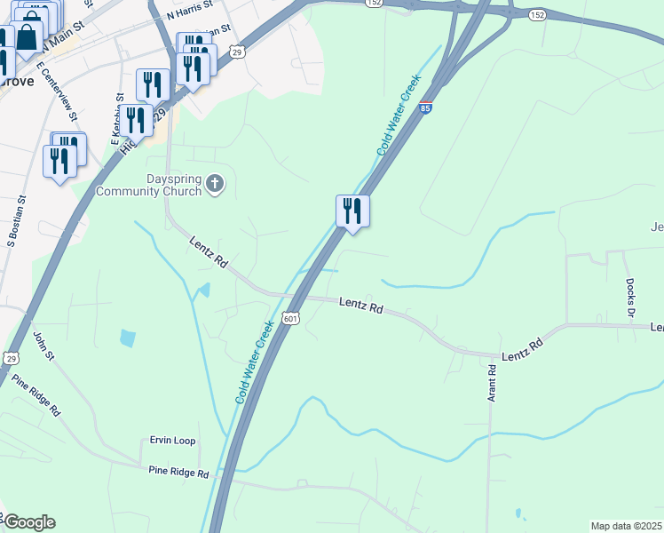 map of restaurants, bars, coffee shops, grocery stores, and more near Lakeview Lane in China Grove