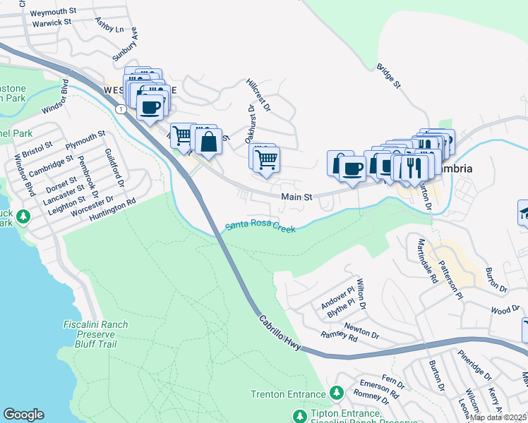 map of restaurants, bars, coffee shops, grocery stores, and more near in Cambria