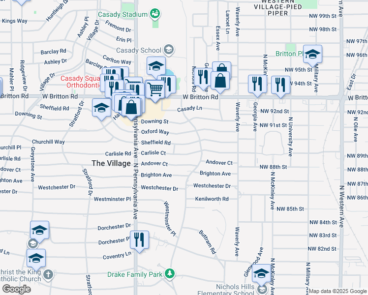 map of restaurants, bars, coffee shops, grocery stores, and more near 1512 Sheffield Road in The Village