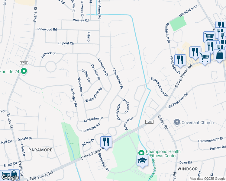 map of restaurants, bars, coffee shops, grocery stores, and more near 811 Bremerton Drive in Greenville