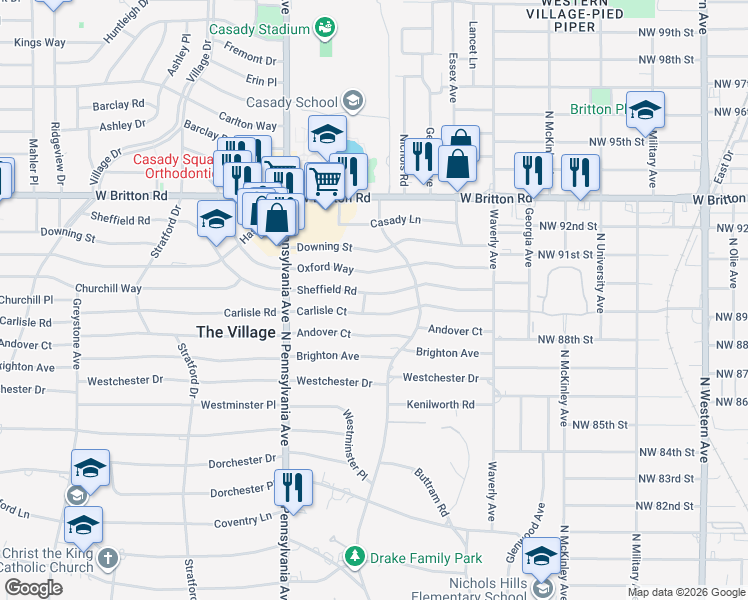 map of restaurants, bars, coffee shops, grocery stores, and more near 1512 Sheffield Road in The Village