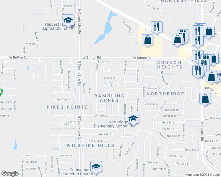 map of restaurants, bars, coffee shops, grocery stores, and more near 8913 Aaron Drive in Oklahoma City