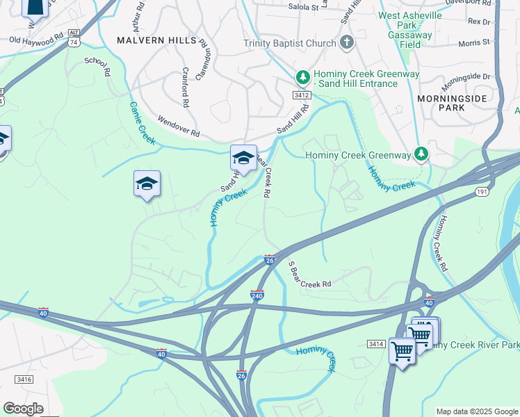 map of restaurants, bars, coffee shops, grocery stores, and more near 31 South Bear Creek Road in Asheville
