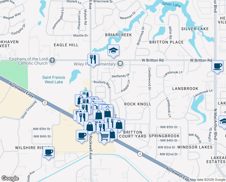 map of restaurants, bars, coffee shops, grocery stores, and more near 9013 Rolling Green Avenue in Oklahoma City