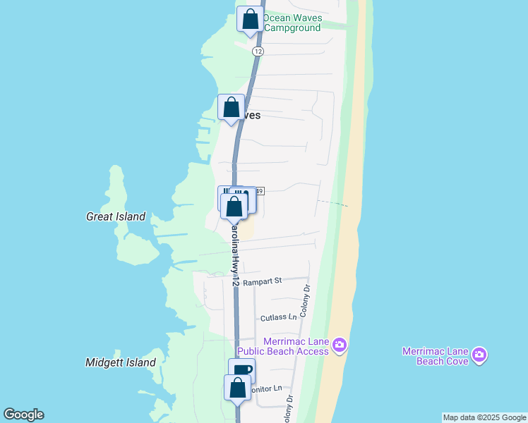 map of restaurants, bars, coffee shops, grocery stores, and more near 25072 Sea Vista Court in Nags Head