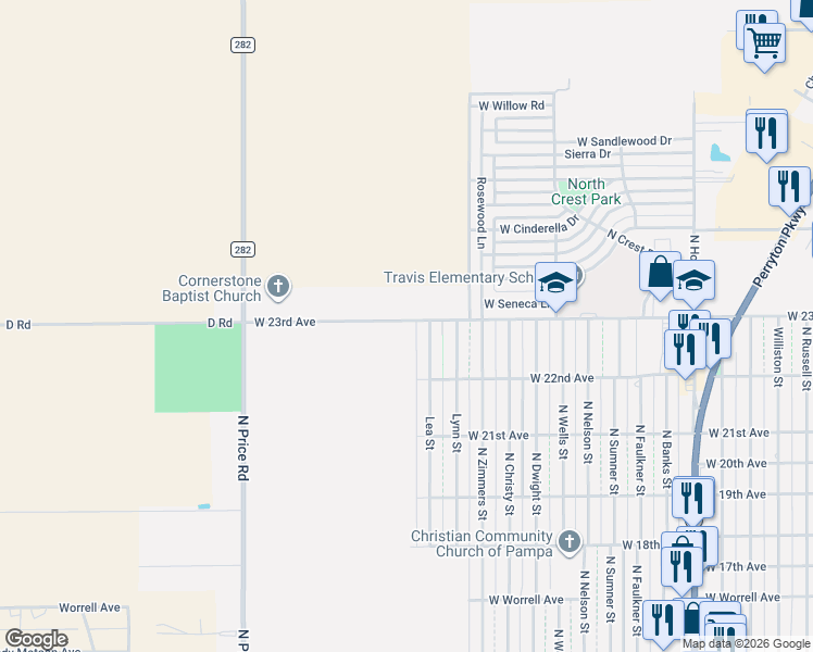 map of restaurants, bars, coffee shops, grocery stores, and more near 2239 Lea Street in Pampa