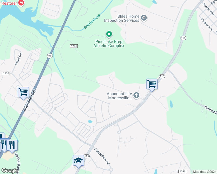 map of restaurants, bars, coffee shops, grocery stores, and more near Foursquare Road in Mooresville