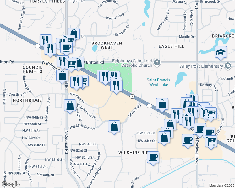 map of restaurants, bars, coffee shops, grocery stores, and more near 7640 Northwest Expressway in Oklahoma City