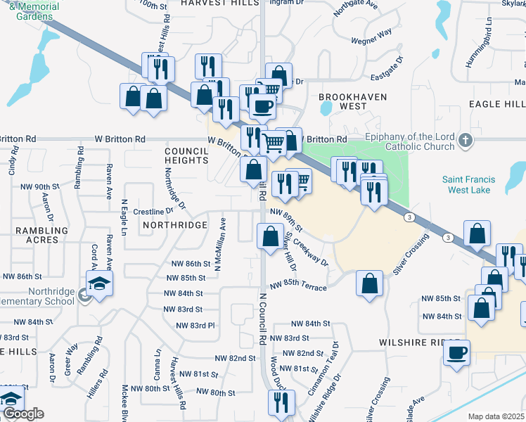 map of restaurants, bars, coffee shops, grocery stores, and more near N Council Rd & NW 89th St in Oklahoma City