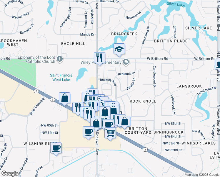 map of restaurants, bars, coffee shops, grocery stores, and more near 9017 Roxbury Terrace in Oklahoma City