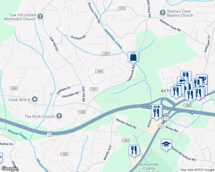 map of restaurants, bars, coffee shops, grocery stores, and more near 39 Holbrook Road in Candler