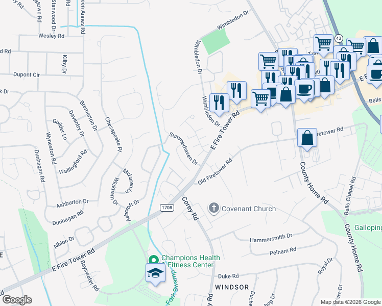 map of restaurants, bars, coffee shops, grocery stores, and more near 2012 Tower Place in Greenville