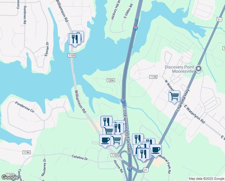 map of restaurants, bars, coffee shops, grocery stores, and more near 308 Bridgewater Lane in Mooresville