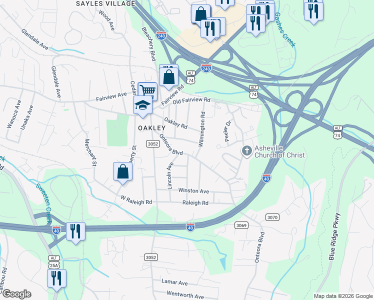 map of restaurants, bars, coffee shops, grocery stores, and more near 52 Onteora Boulevard in Asheville