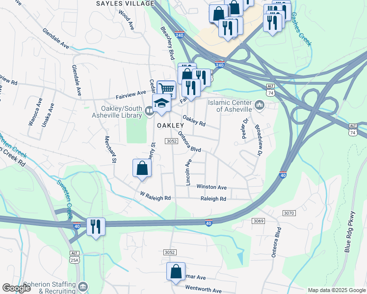 map of restaurants, bars, coffee shops, grocery stores, and more near 65 Onteora Boulevard in Asheville