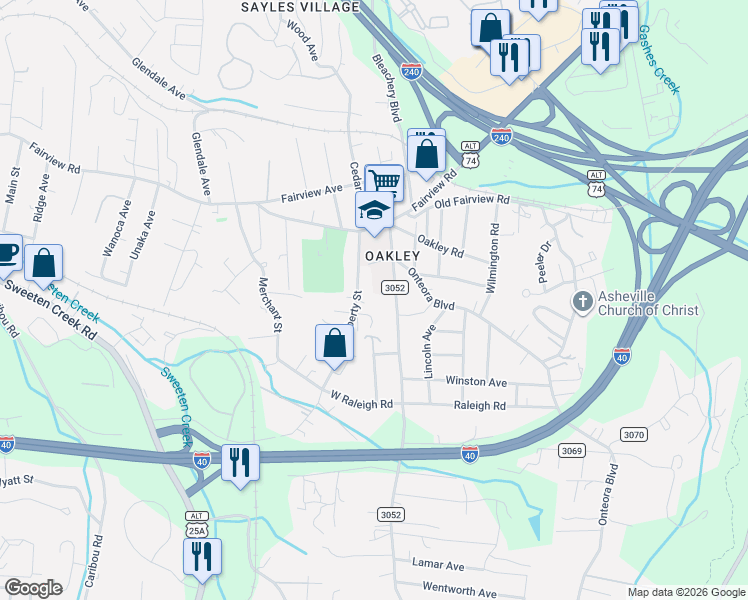 map of restaurants, bars, coffee shops, grocery stores, and more near 85 School Road East in Asheville