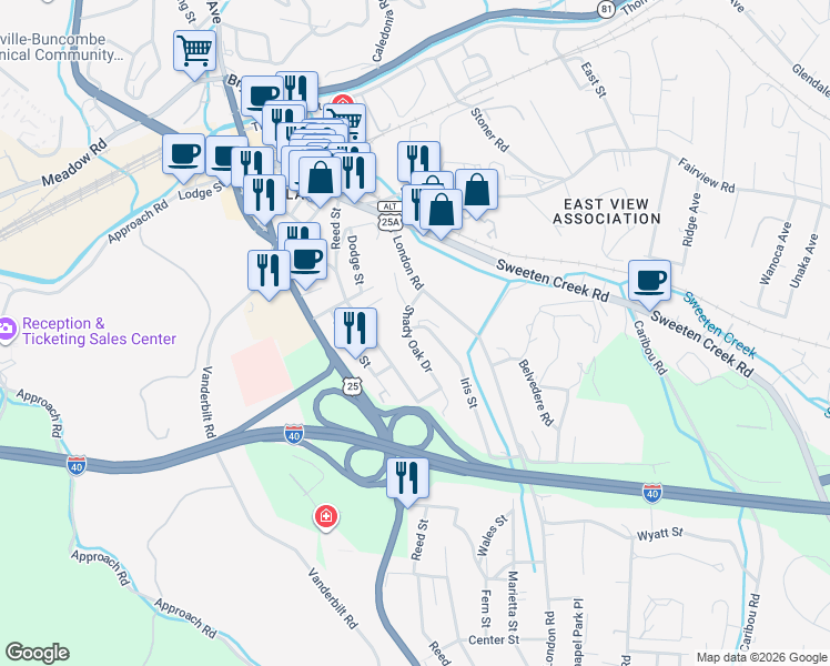 map of restaurants, bars, coffee shops, grocery stores, and more near 48 Shady Oak Drive in Asheville