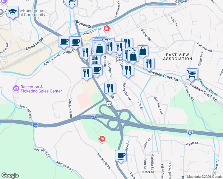 map of restaurants, bars, coffee shops, grocery stores, and more near 145 Reed Street in Asheville