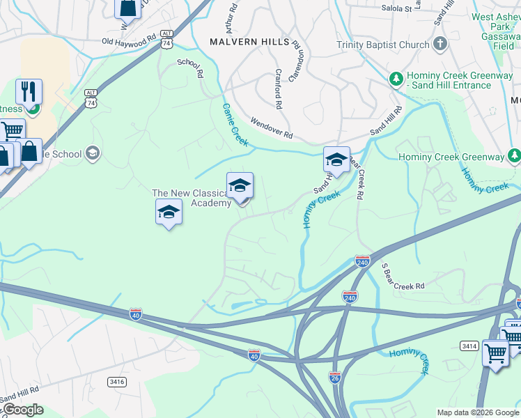 map of restaurants, bars, coffee shops, grocery stores, and more near 665 Sand Hill Road in Asheville