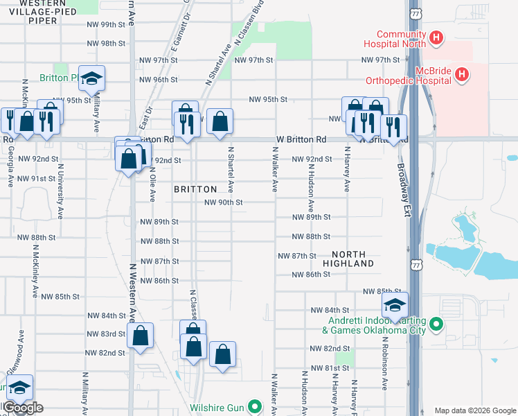 map of restaurants, bars, coffee shops, grocery stores, and more near 602 Northwest 90th Street in Oklahoma City