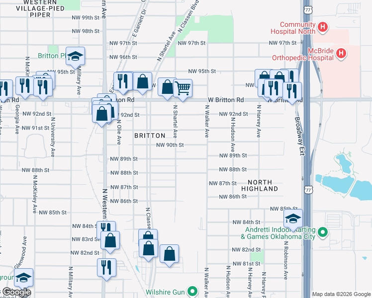 map of restaurants, bars, coffee shops, grocery stores, and more near 602 Northwest 90th Street in Oklahoma City
