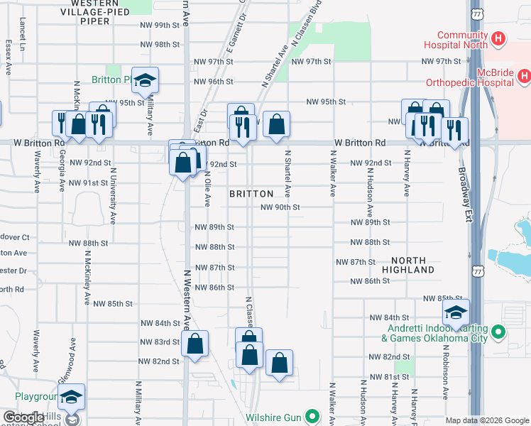 map of restaurants, bars, coffee shops, grocery stores, and more near 740 Northwest 90th Street in Oklahoma City