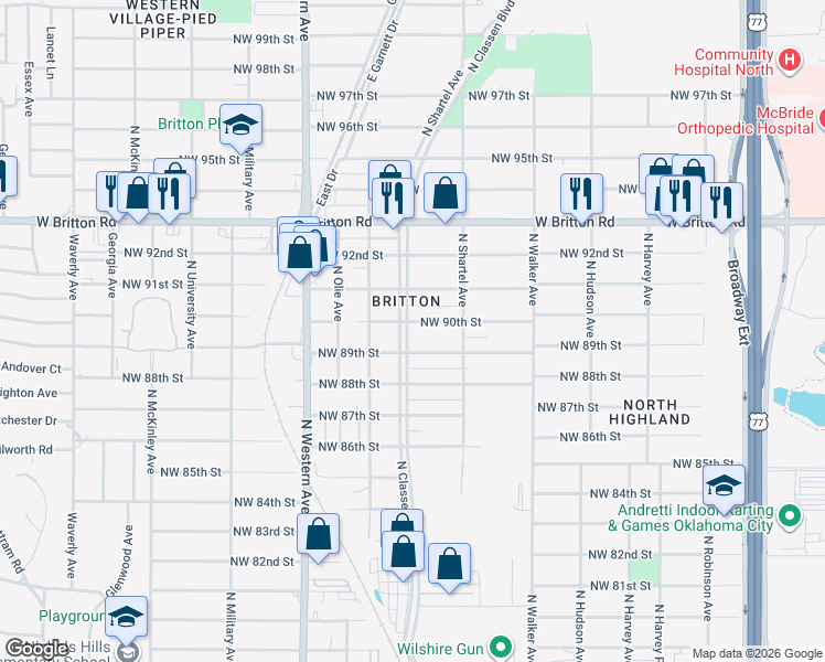 map of restaurants, bars, coffee shops, grocery stores, and more near 740 Northwest 90th Street in Oklahoma City