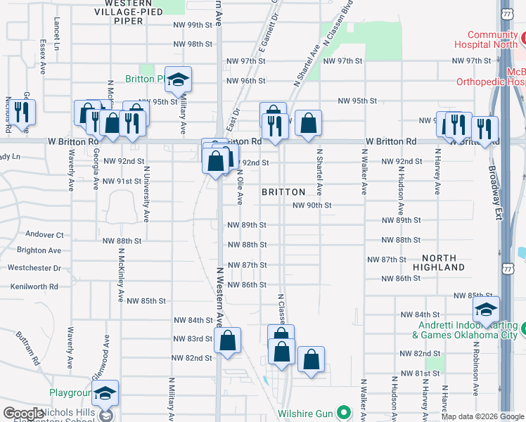 map of restaurants, bars, coffee shops, grocery stores, and more near 9020 North Francis Avenue in Oklahoma City