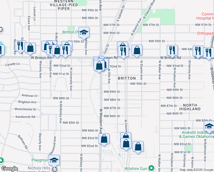 map of restaurants, bars, coffee shops, grocery stores, and more near 9013 North Olie Avenue in Oklahoma City