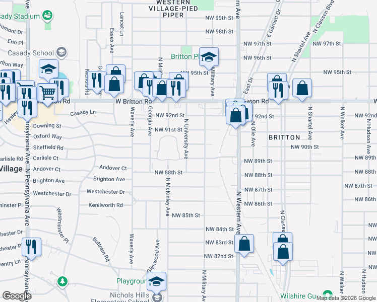 map of restaurants, bars, coffee shops, grocery stores, and more near 9017 North University Avenue in Oklahoma City
