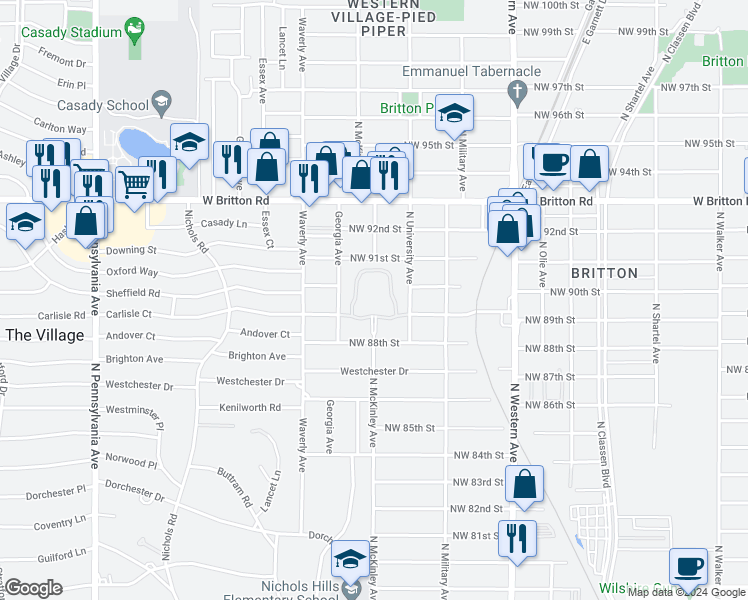 map of restaurants, bars, coffee shops, grocery stores, and more near 9017 North University Avenue in Oklahoma City