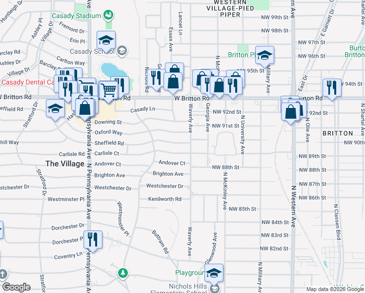 map of restaurants, bars, coffee shops, grocery stores, and more near 1301 Carlisle Court in The Village