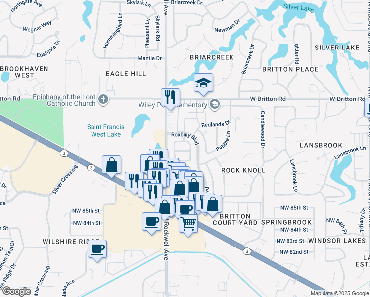 map of restaurants, bars, coffee shops, grocery stores, and more near 9017 Roxbury Terrace in Oklahoma City