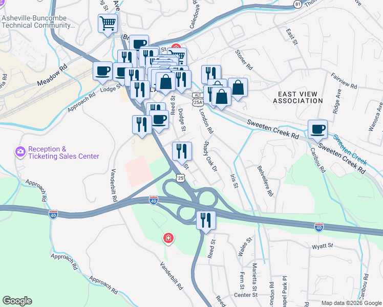 map of restaurants, bars, coffee shops, grocery stores, and more near 145 Reed Street in Asheville