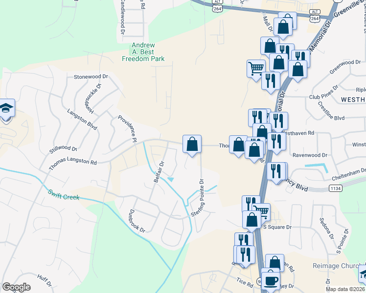 map of restaurants, bars, coffee shops, grocery stores, and more near 1111 Thomas Langston Road in Winterville