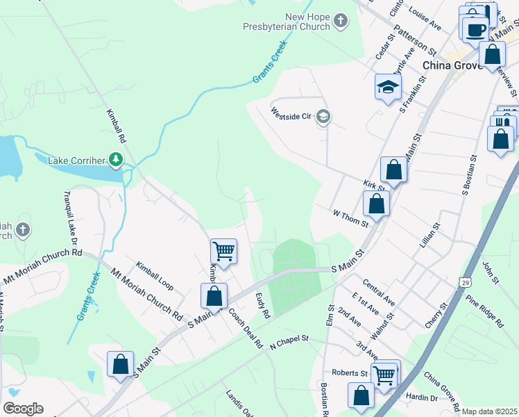 map of restaurants, bars, coffee shops, grocery stores, and more near 545 Eudy Road in China Grove