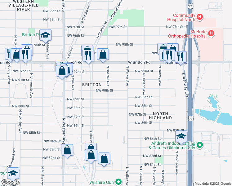 map of restaurants, bars, coffee shops, grocery stores, and more near 602 Northwest 90th Street in Oklahoma City