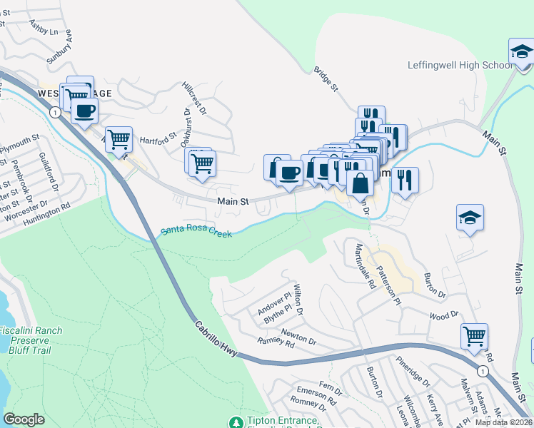 map of restaurants, bars, coffee shops, grocery stores, and more near in Cambria