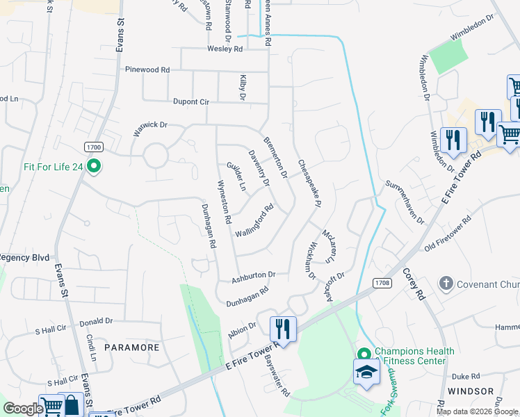 map of restaurants, bars, coffee shops, grocery stores, and more near 3504 Wallingford Road in Greenville