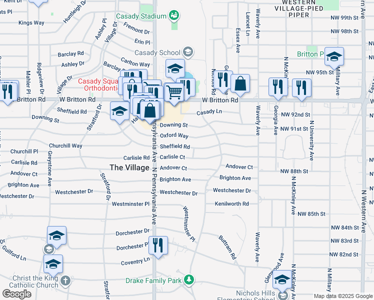 map of restaurants, bars, coffee shops, grocery stores, and more near 1604 Sheffield Road in The Village